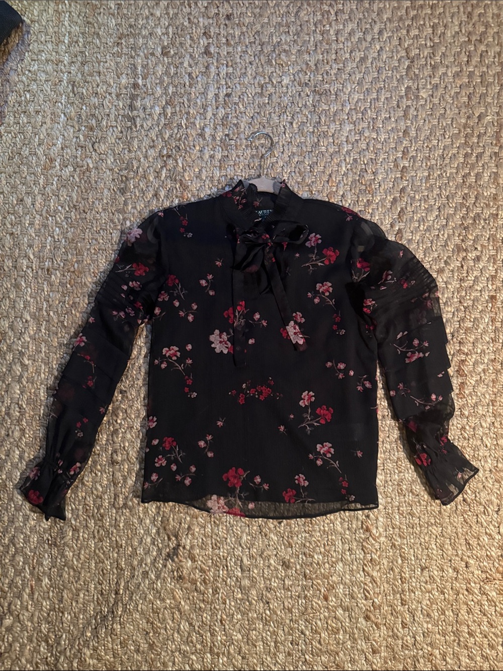 Lauren Ralph Lauren Black Sheer Floral Bow-Tie Blouse